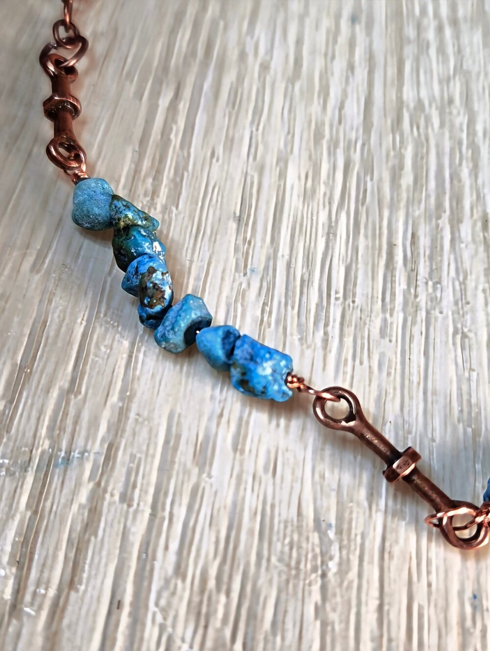 Genuine Blue Turquoise Chips In Industrial Vibe Antique Copper Artisan Necklace - Picture 7 of 9